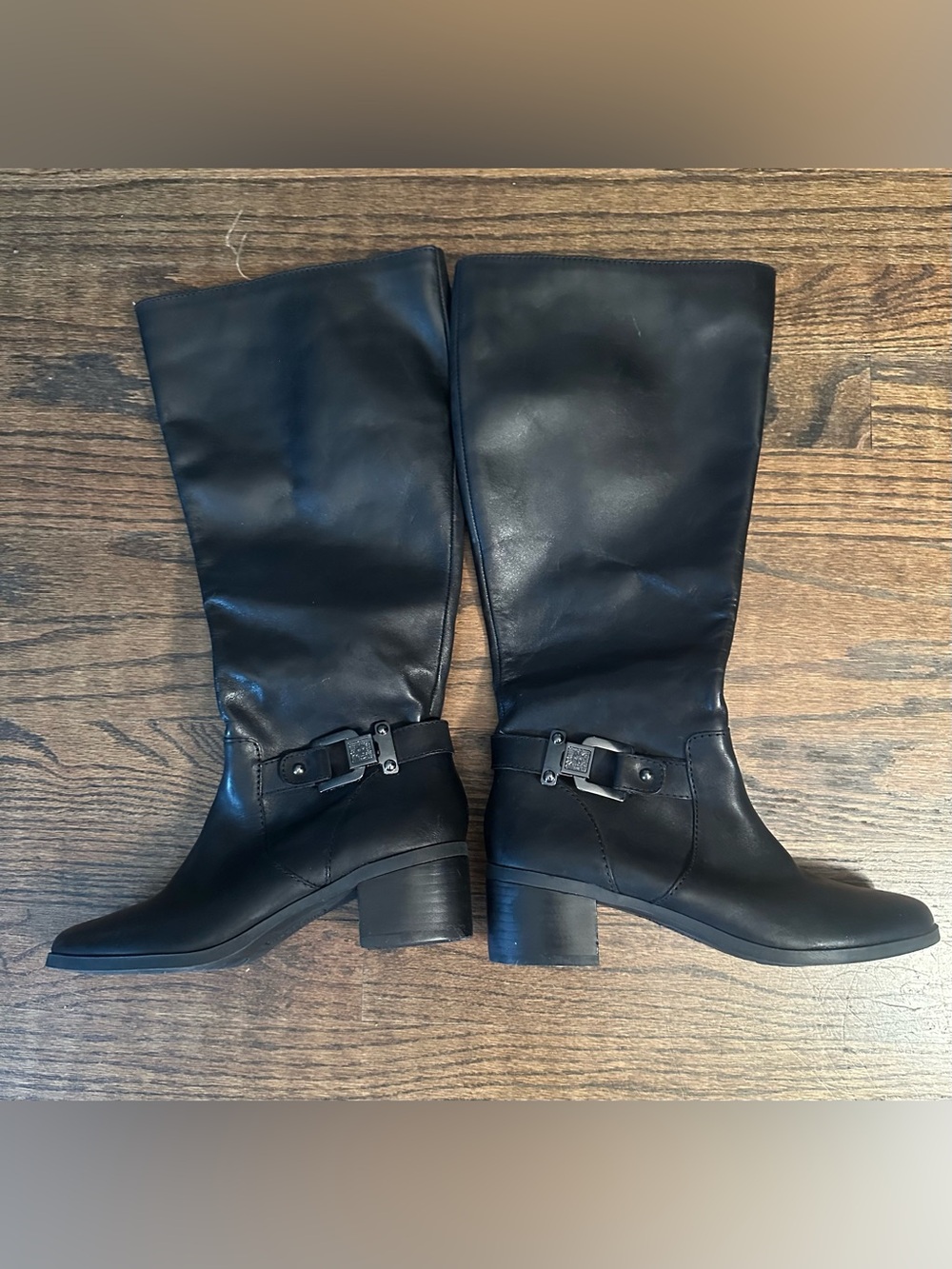 Women’s Black Leather Mid-Calf Heeled Buckle Boots